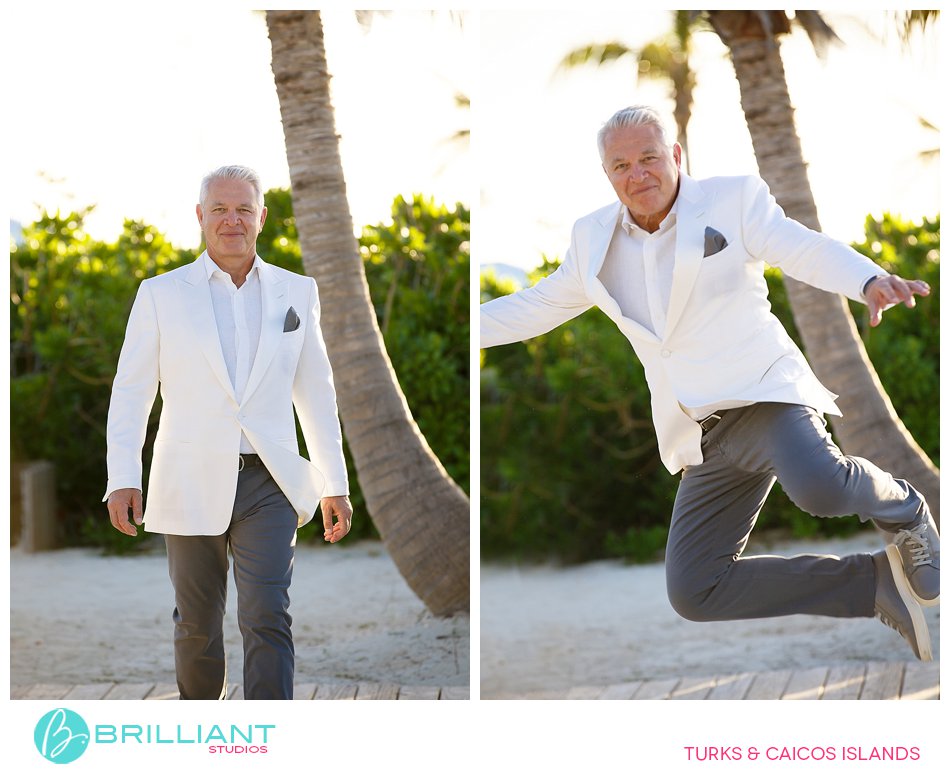 groom jumping at Footprints on the beach
