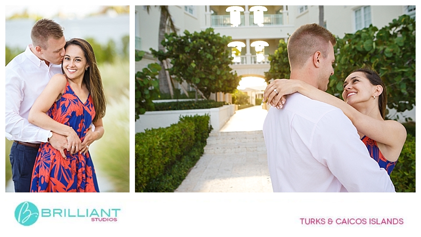 couple posing for Brilliant Studios in the turks and caicos after getting engaged 